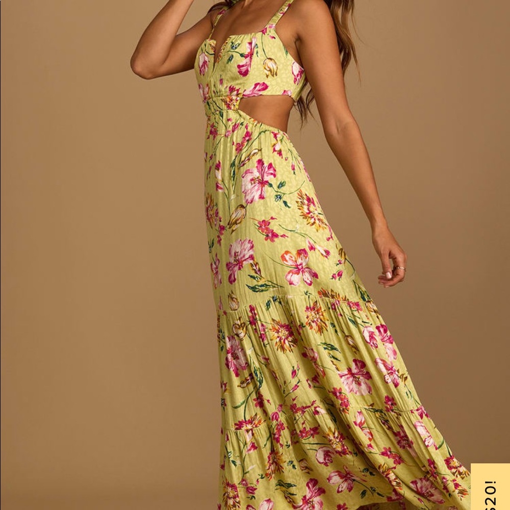 Lulus Sweet Statement Chartreuse Floral Print Cutout Maxi Dress